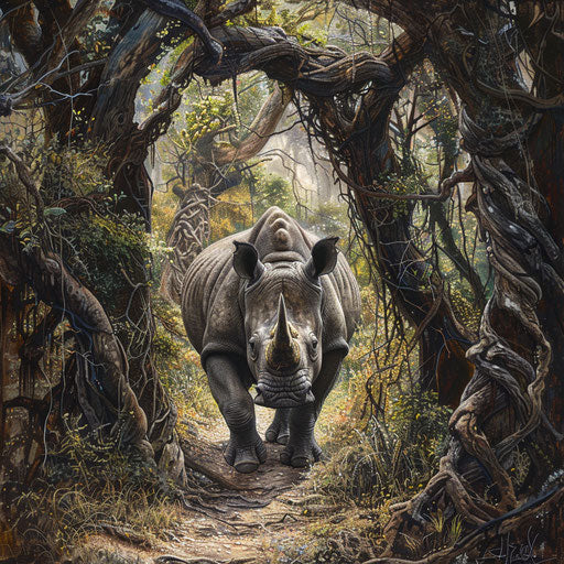 West African black rhinoceros on a jungle trail