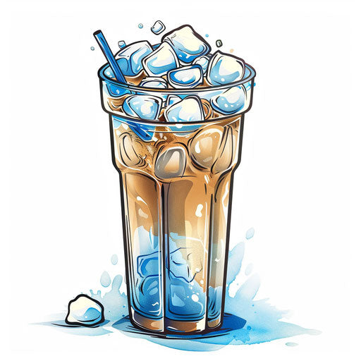 Flat tattoo sketch of an iced coffee glass, detailed with refreshing blue and white tones