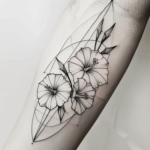 Geometric tattoo sketch with morning glory flowers composed sharp lines
