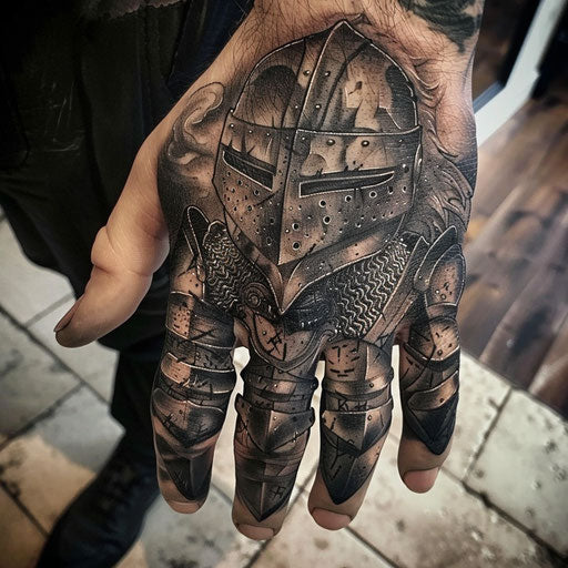 Hand tattoo designs of a knight in armor, in the style of Peter Jackson