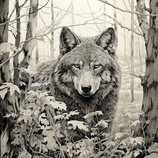 Wolf in the woods, intricate pen illustrator style, wildlife