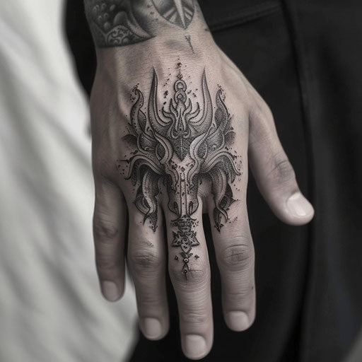 Finger tattoo depicting mythological symbols