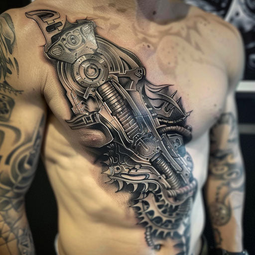 Tattoo of intricate biomechanical elements symbolizing inner strength