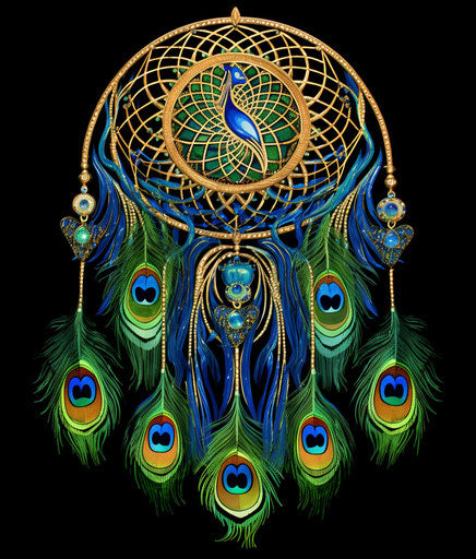 Colorful peacock feather dream catcher design, light emerald and dark blue