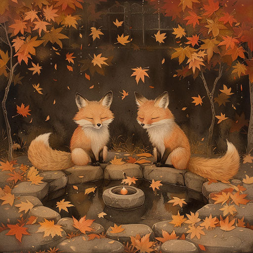 Foxes Meditating in a Zen Garden, Autumn Leaves
