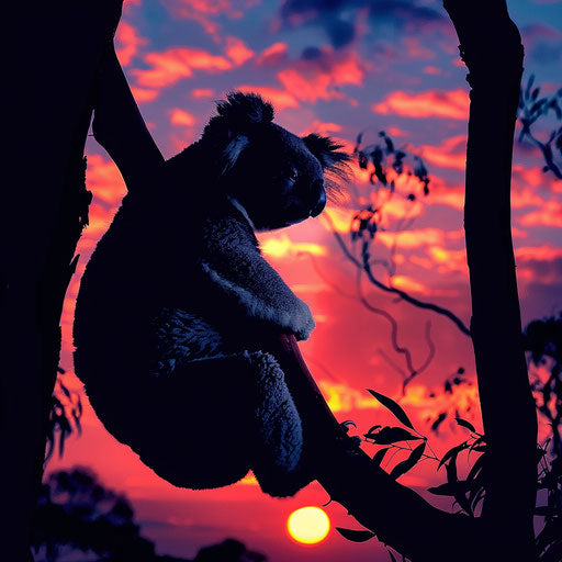 Silhouette of a koala at sunset, dramatic sky colors