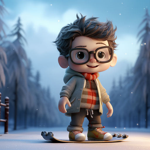 Cartoon character holding skateboard up, with glasses, in the style of unreal engine, cute and dreamy, snow scenes, child-like innocence, film, soft sculptures