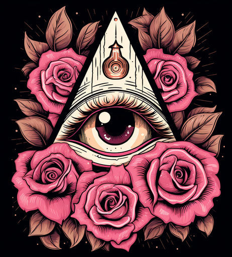 Black and white tattoo of all-seeing eye with roses and a triangle