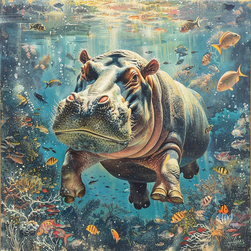Hippo swimming gracefully with fish