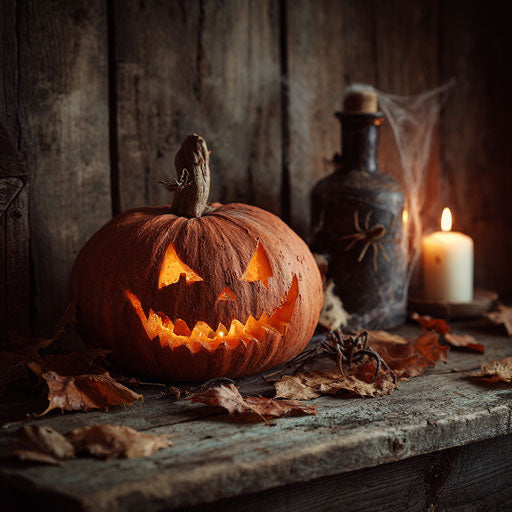 Glowing pumpkin on a rustic wooden surface