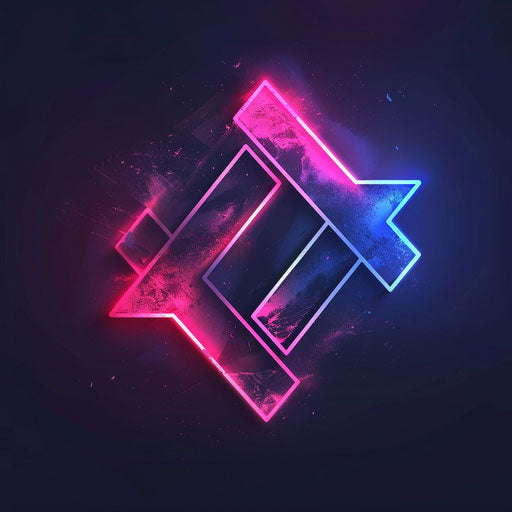 Neon logo with minimalist design and vibrant pink and blue colors, on dark background