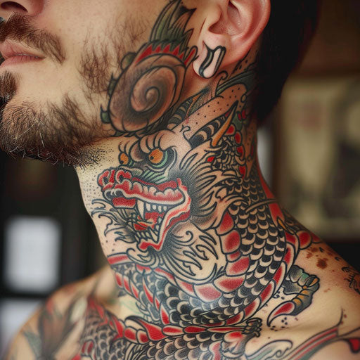 Dragon side neck tattoos, Guy Aitchison style