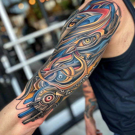 Biomechanical tattoo with classic Americana, Ed Hardy style