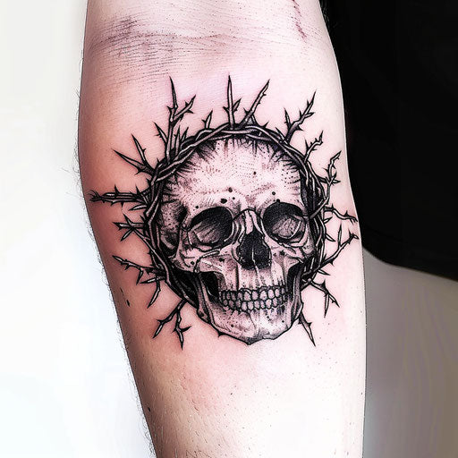 Bold skull tattoo with crown of thorns