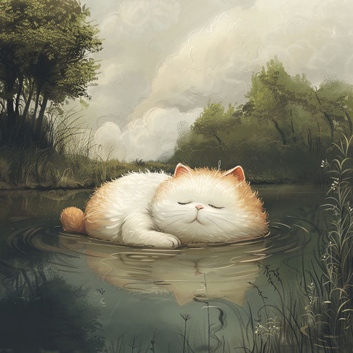 Fat cat swimming in a lake by the shore