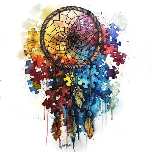 Dreamcatcher intertwined with autism puzzle pieces