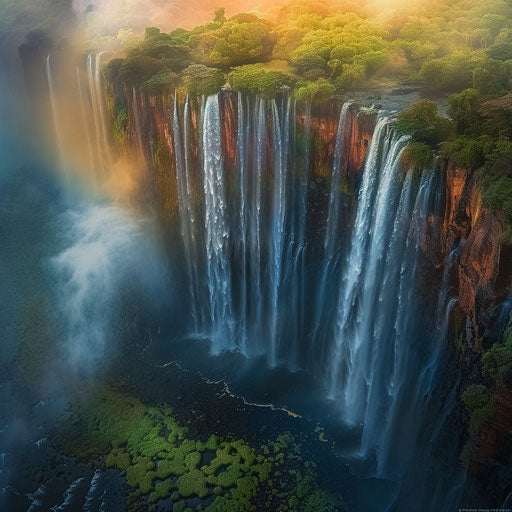 Victoria Falls surrounded by lush greenery and vibrant colors
