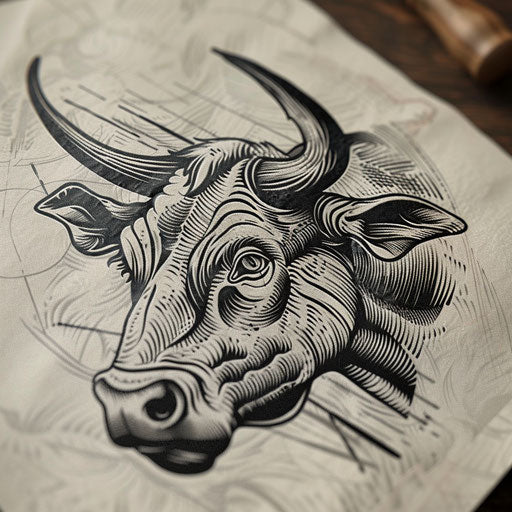 Vintage woodcut style bull tattoo on white surface
