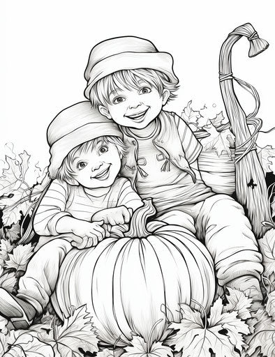 Two boys in a pumpkin basket coloring page