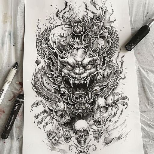 Exotic flat tattoo sketch of hell adorned with mythical Eastern creatures and fiery motifs