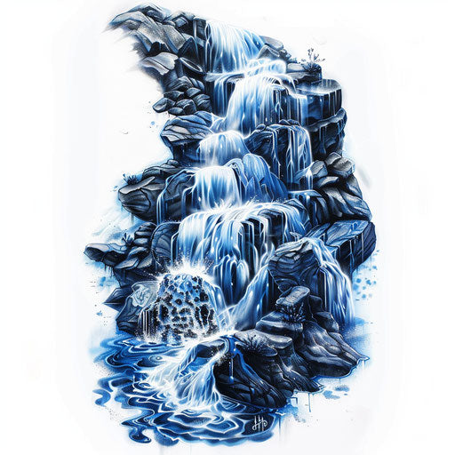 Sleek water tattoo artwork featuring a cascading waterfall