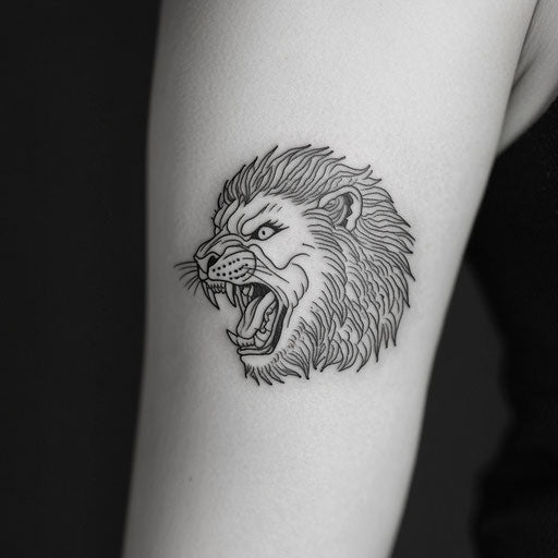 Tricep tattoo of a fierce lion head roaring in the style of Peter Jackson