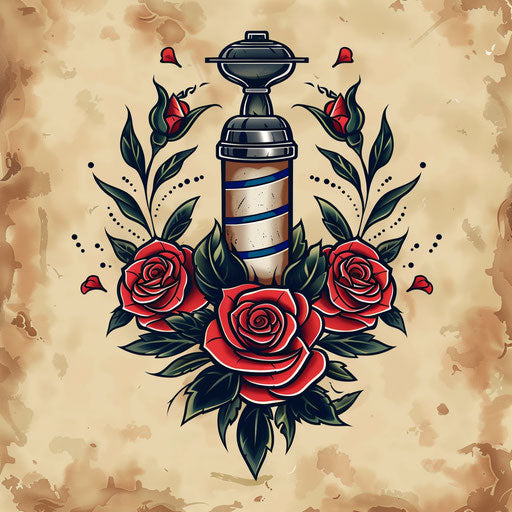 Flat tattoo sketch of a barbershop emblem with classic tattoo style roses