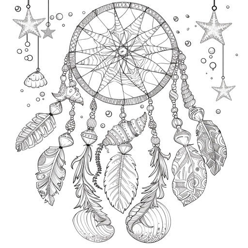 Dream catcher with seashells and starfish, coloring book page