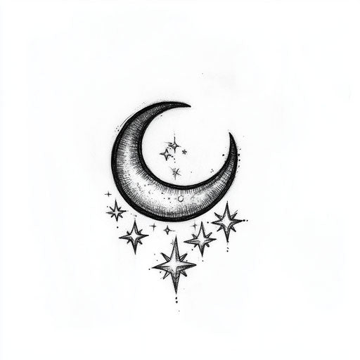 Crescent moon and stars tattoo sketch on white background