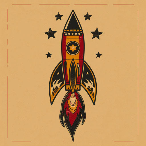Heroic flat tattoo sketch of a super hero-themed rocket, red and gold