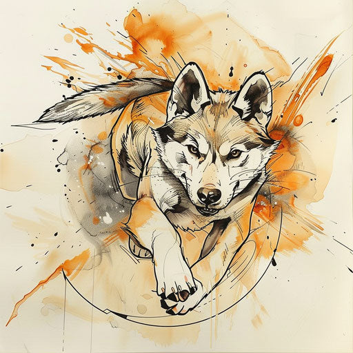 Elegant flat tattoo sketch with watercolor effects showcasing a leaping husky