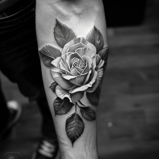 Rose tattoos for men in the style of Ami James featuring a black and grey realistic rose