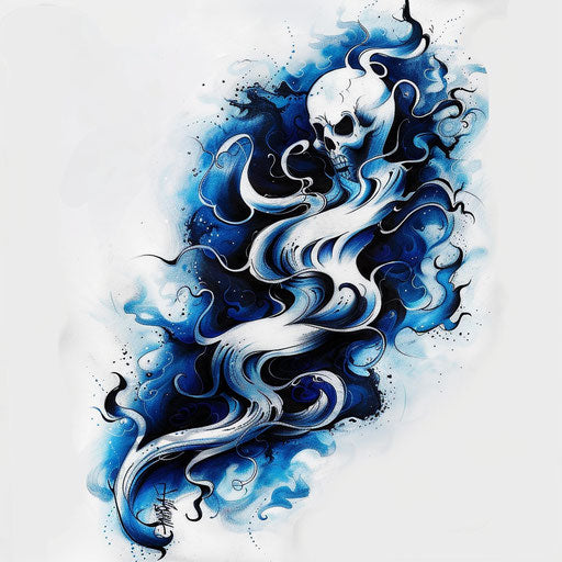 Flat eerie tattoo sketch of a spiraling ghost trail, ghostly whites and blues, clipart style
