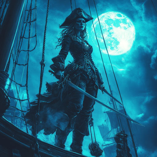 Charismatic female pirate under the moonlit sky