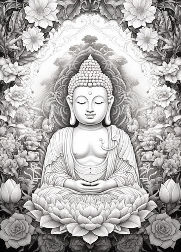 Hand-drawn Buddhist spiritual symbol with Buddha on white background