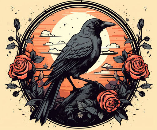 Tattoo design of a crow with roses and sun