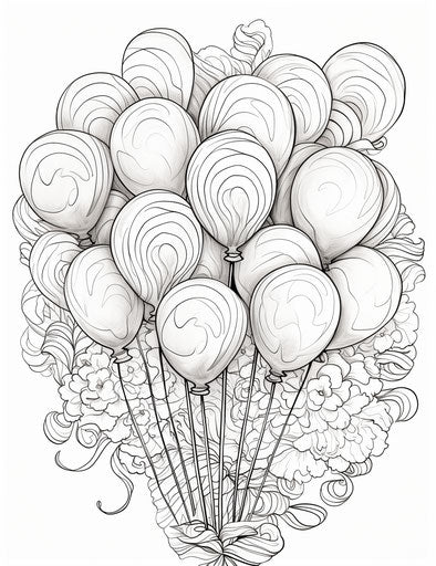 Happy birthday coloring page with balls and balloons