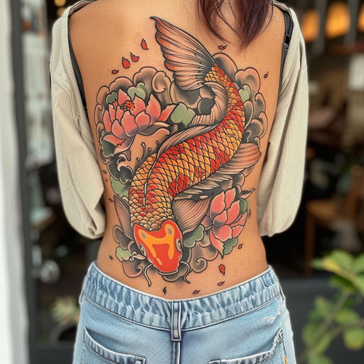 Koi fish lower back tattoo in Ed Hardy style