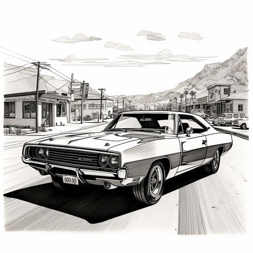 1970 Dodge Charger Coloring Page in the style of Kodak Tri-X 320, found object inspired