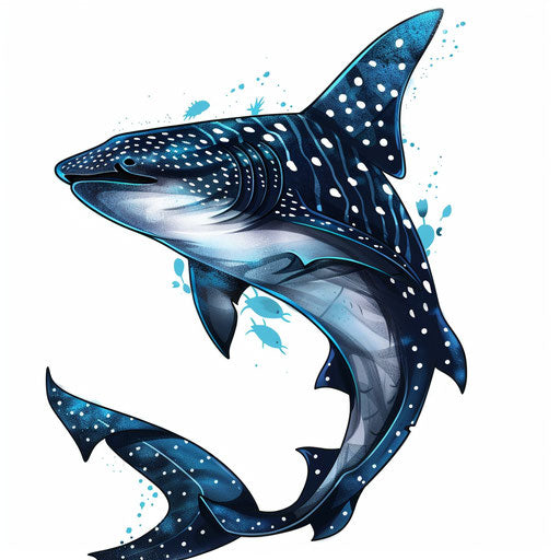Flat tattoo sketch of a whale shark with bold blue contrasts