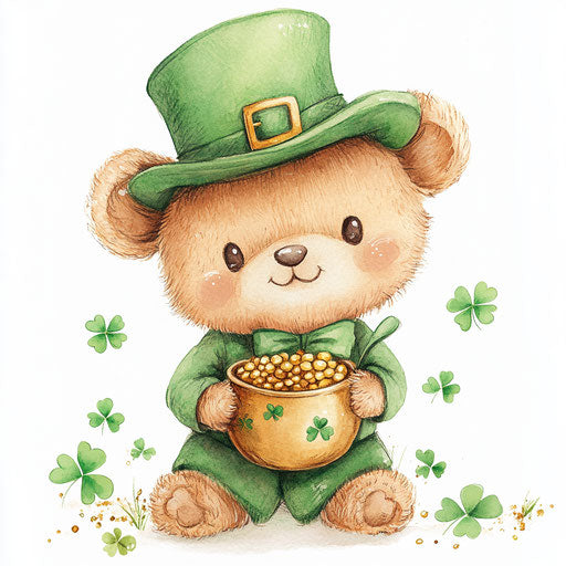 Adorable teddy bear with green hat and matching outfit, holding pot of gold