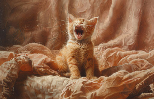Adorable kitten yawning on a bed, light orange and light maroon