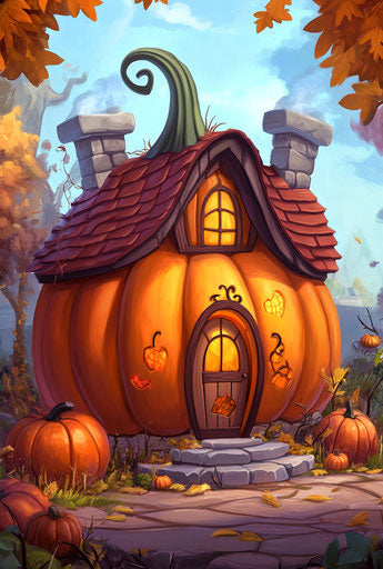 Pumpkin house with Halloween decorations and leaves