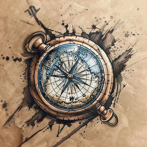 Adventurous flat tattoo sketch of a globe with a compass and old map, earthy browns and navy, clipart style