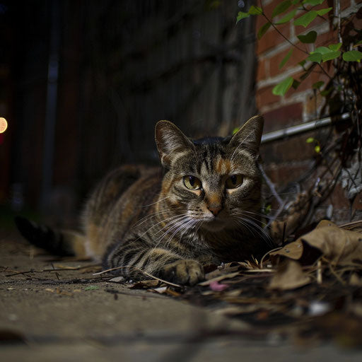 Tortoise and cat outside at night