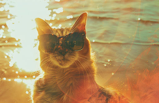 Cat with sunglasses on the beach, futuristic style, heatwave, sunrays shine, thriftcore, harry kingsley, ambitious, 1st version 17:11
