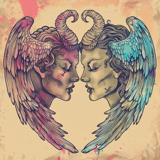 Contemporary tattoo sketch in flat design, angel and devil sharing secrets, pastel tones