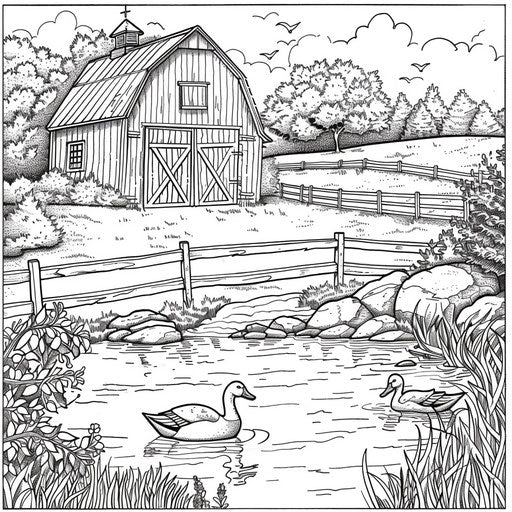 Tranquil scene of a barn with a duck pond