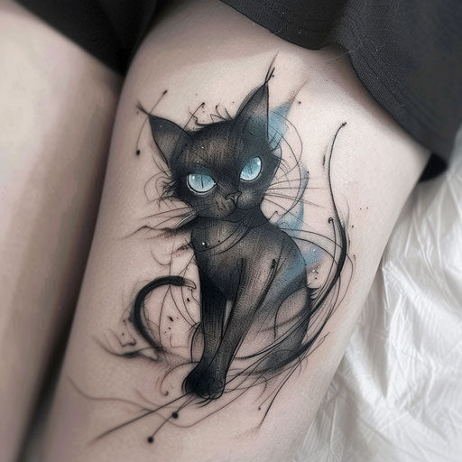 Fantasy black cat tattoo with magical elements and ethereal glow
