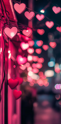 Pink background with numerous hearts, blurred lights, romantic